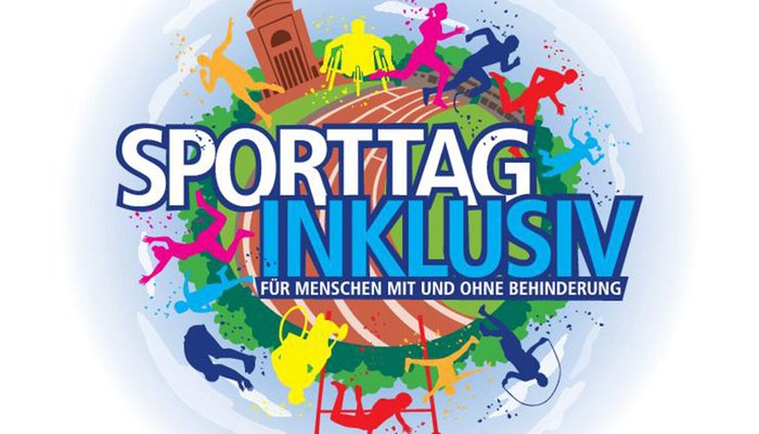 Logo vom Sporttag Inklusiv mit Sportlern in bunten Farben