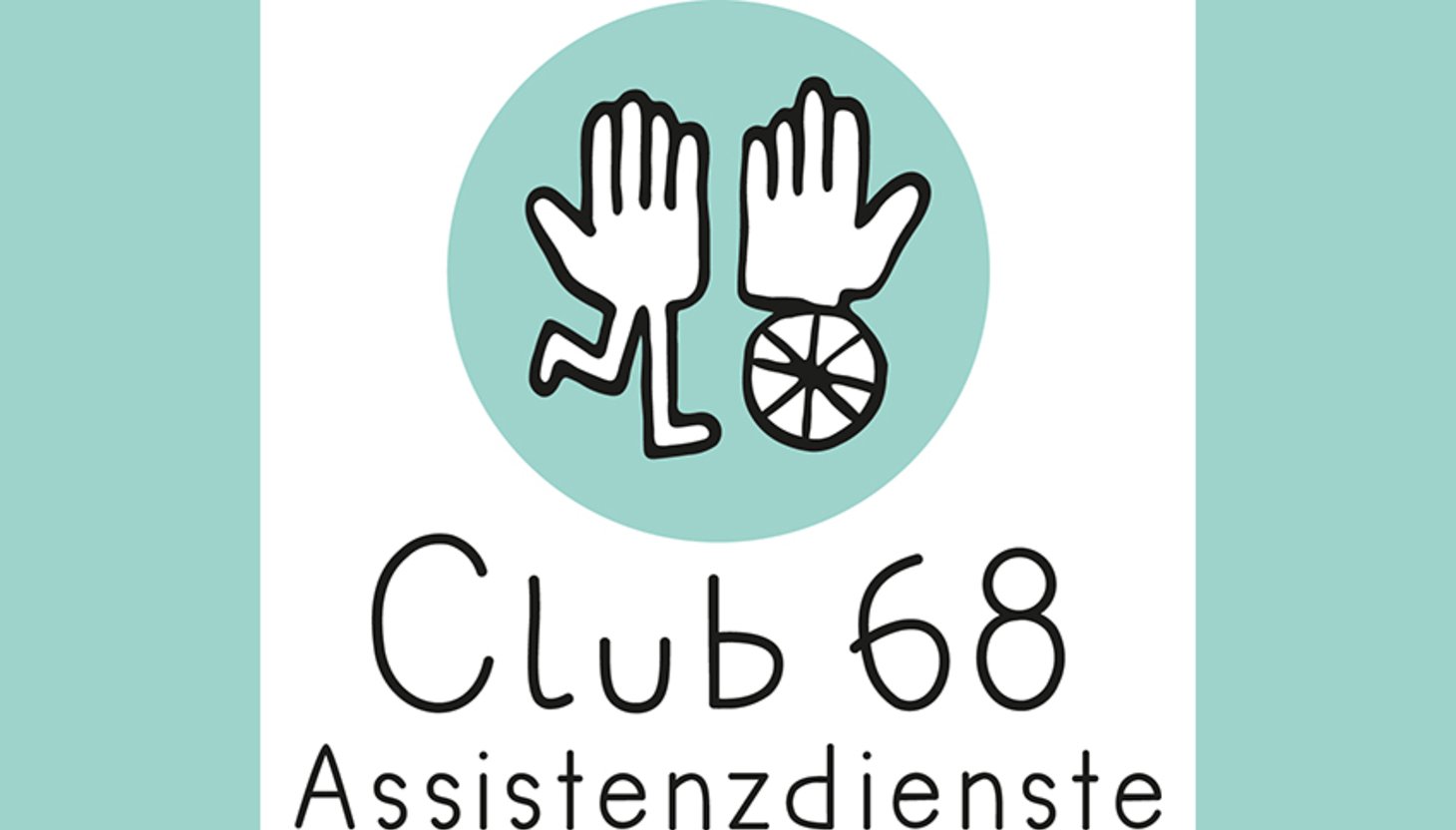 Logo mit Schriftzug "Club 68 Assistenzdienste". Darüber ist gezeichnet eine Hand auf 2 Beinen und eine Hand auf einem Rad