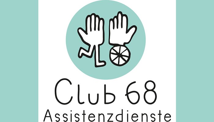 Logo mit Schriftzug "Club 68 Assistenzdienste". Darüber ist gezeichnet eine Hand auf 2 Beinen und eine Hand auf einem Rad