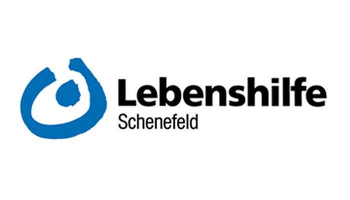 Logo der Lebenshilfe Schenefeld als Schrift und ein blauer unregelmäßiger Kreis mit Punkt in der Mitte