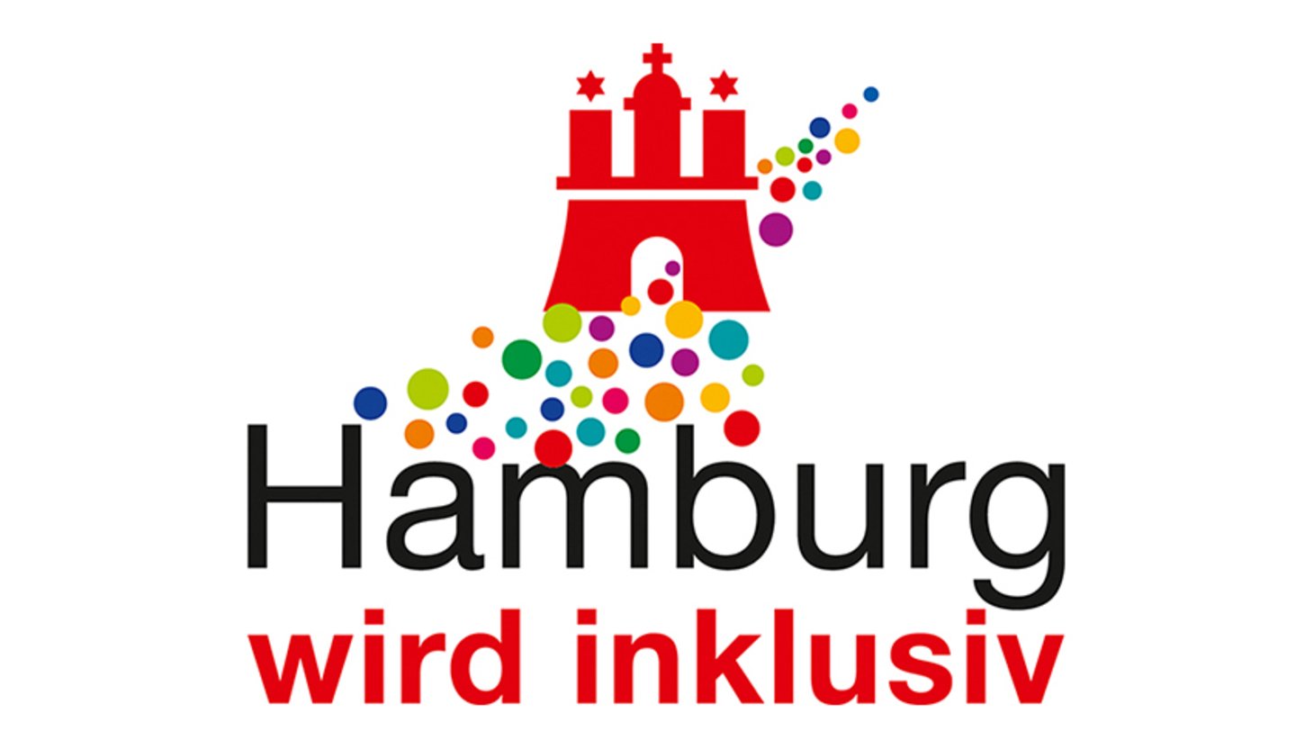 Das Logo von Hamburg wird inklusiv mit dem Hamburger Tor in Rot und vielen bunten Punkten